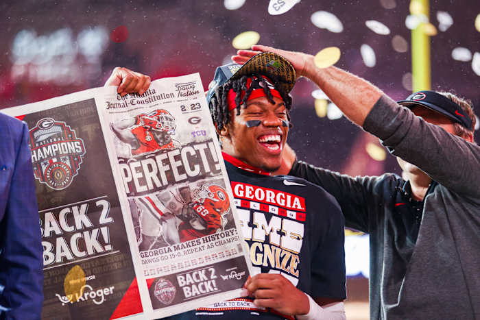 Georgia DB Javon Bullard celebrates after Georgia's second straight national championship victory